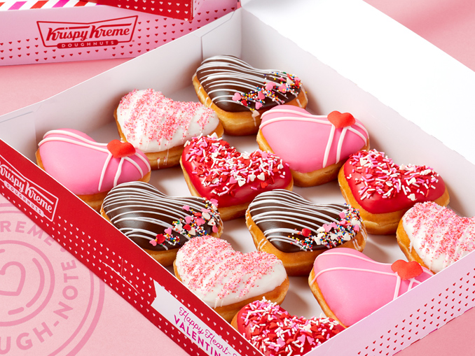 Four new heart-shaped doughnuts come in a limited-edition dozen box that features real valentines
