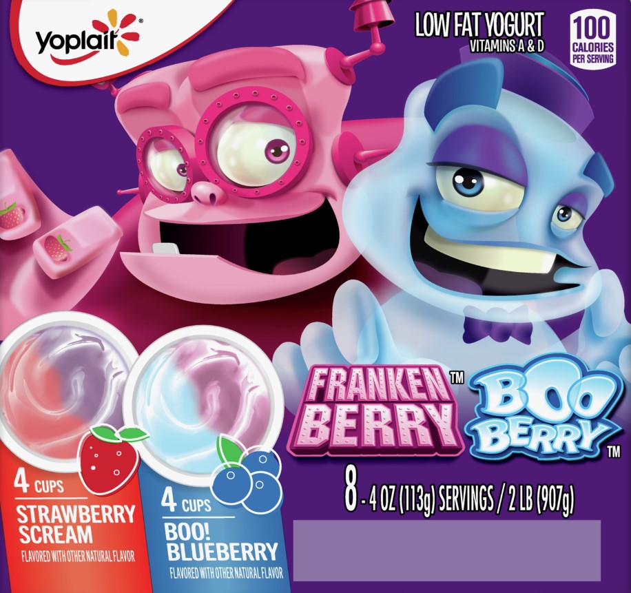Yoplait Strawberry Franken Berry and Blueberry Boo Berry yogurt
