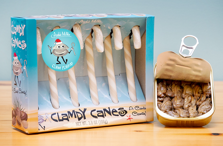 Gimmicky candy canes are nothing new to the novelty company Archie McPhee. This year they have unveiled candy canes that taste like clams. Clamdy Canes look like a hit this year. Past favorites included such candy canes as Pickle Candy Canes, Bacon Candy Canes, and Krampus Candy Canes.