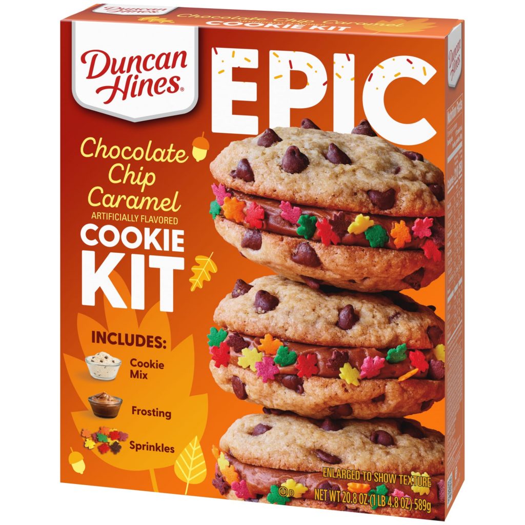 What an epic way to eat warm cookies in Autumn with Duncan Hines EPIC Chocolate Chip Caramel Cookie Kit.  No need to buy sprinkles, frosting, or chocolate chips, it's all in one box.  There is nothing like warm cookies and a tall glass of cold milk.