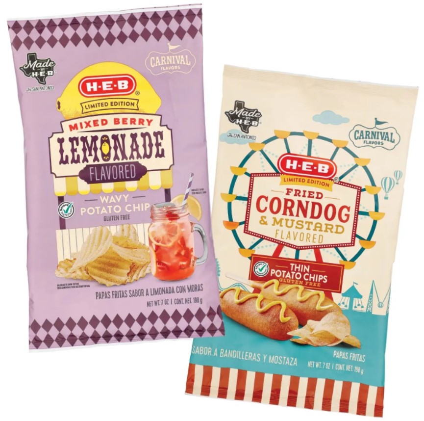 HEB mixed berry lemonade flavored wavy potato chip HEB fried corndog and mustard flavored thin potato chips 1