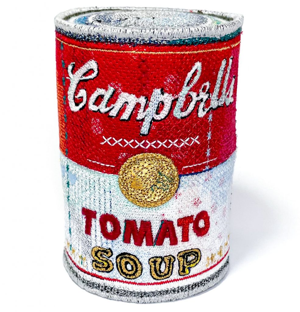 Embroidered snacks by Alicja Kozlowska campbells tomato soup