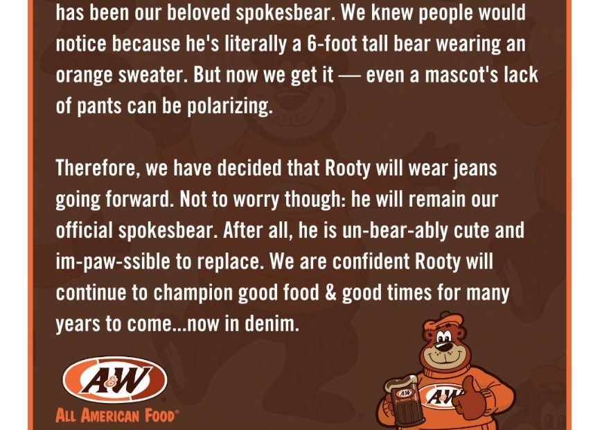 rooty the bear wears jeans