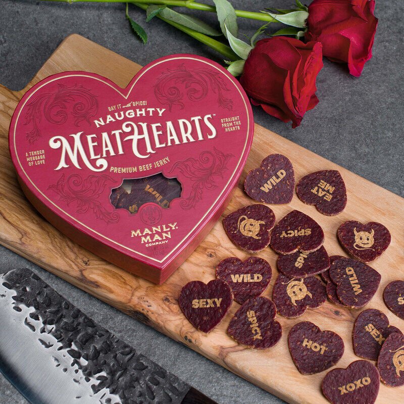 Manly Man Co.'s Meathearts offers a delightful alternative to sweet candy hearts exchanged on Valentine's Day, etched spicy jerky treats in the shape of hearts.