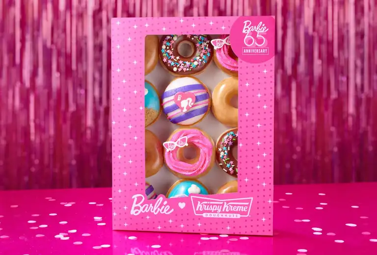 Krispy Kreme celebrates Barbie's 65th anniversary with four new doughnuts, each featuring unique designs and flavors inspired by the iconic fashion doll.