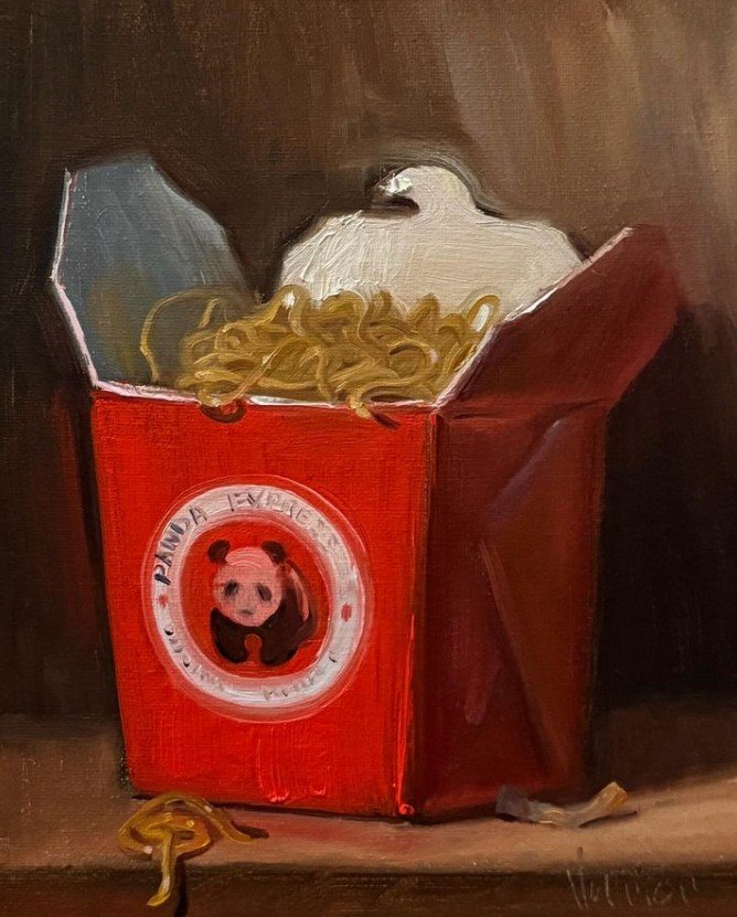 Noah Verrier's unique oil paintings turn everyday junk foods like Panda Express, Taco Bell’s Baja Blast, and Popeyes meals into extraordinary fine art.