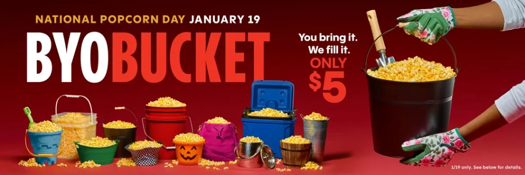 Celebrate National Popcorn Day with Cinemark's first "Bring Your Own Bucket" event on Jan 19, 2025! Fill your container with buttery popcorn for just $5. 🍿