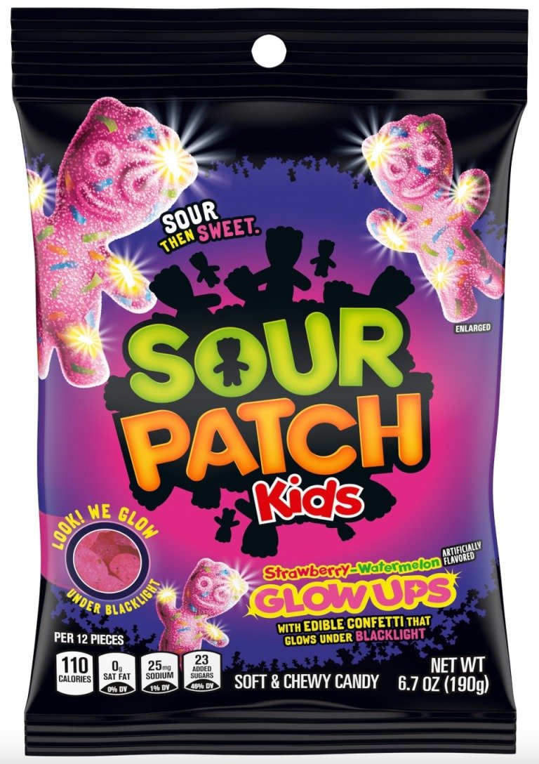 Sour Patch Kids Glow Ups are the first glowing gummy candies! With strawberry-watermelon flavor and edible confetti that lights up under blacklight, they’re a must-try for bold candy lovers.