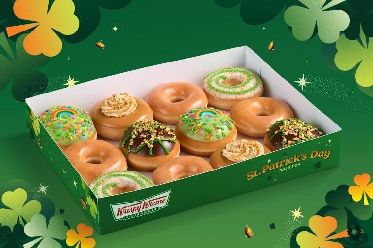 Celebrate St. Patrick’s Day with Krispy Kreme’s limited-time festive doughnuts! Enjoy new flavors, win free doughnuts for a year, and grab a free green O’riginal Glazed! 🍀