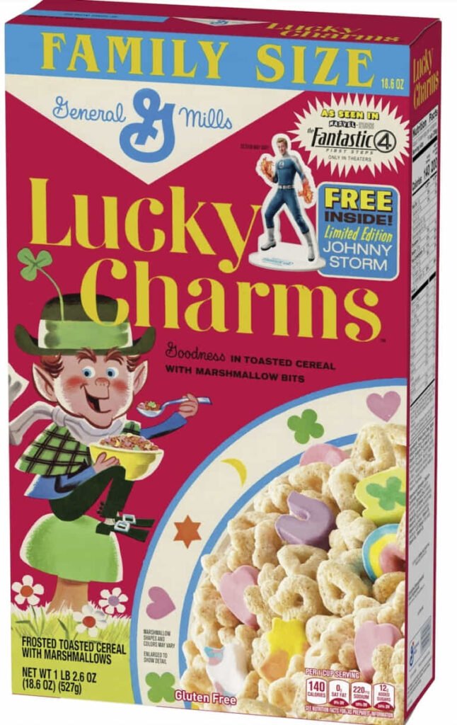 Marvel’s Human Torch lights up Lucky Charms in a $20 Walmart-exclusive retro cereal box with collectible standee, tied to Fantastic Four: First Steps.