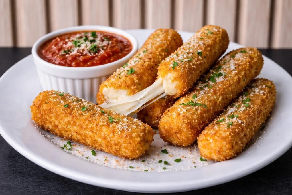 A close-up view of several golden-brown, breaded mozzarella sticks arranged on a white plate. One stick is broken in the middle, revealing a long, stretchy strand of melted white cheese. A small white bowl of red marinara sauce, garnished with green herbs, sits to the left of the sticks. The background is a blurred light-colored wooden wall.