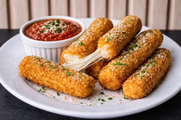 A close-up view of several golden-brown, breaded mozzarella sticks arranged on a white plate. One stick is broken in the middle, revealing a long, stretchy strand of melted white cheese. A small white bowl of red marinara sauce, garnished with green herbs, sits to the left of the sticks. The background is a blurred light-colored wooden wall.