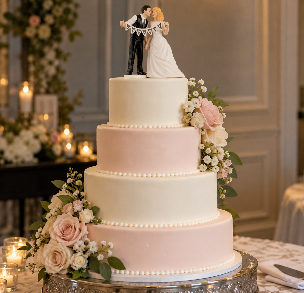 An elegant four-tier wedding cake features alternating pale pink and white tiers, each edged with a delicate string of white pearls. A classic wedding topper of a groom in a black tuxedo holding a banner with his bride in a white gown stands atop the cake, which is adorned with lush arrangements of pink roses, white filler flowers, and green foliage cascading down its sides. The cake rests on a silver stand on a white tablecloth, with a blurred background of a celebratory event space.
