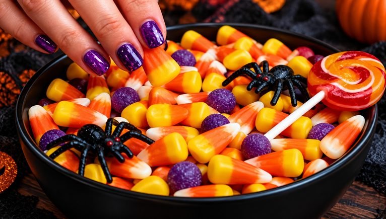A black bowl overflows with Halloween treats, featuring numerous pieces of classic candy corn, several small purple candies, and two black plastic spiders, all resting on a dark, spiderweb-patterned fabric. A hand with vibrant purple nail polish reaches into the bowl, poised to pick up a piece of candy corn, with a large red and orange swirled lollipop visible on the right.