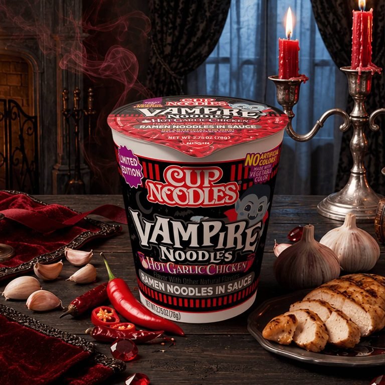 A cup of Cup Noodles Vampire Noodles Hot Garlic Chicken sits on a wooden table in a spooky room with lit candles, garlic bulbs, and sliced chicken.