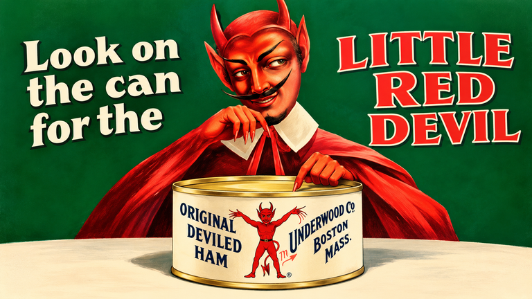 Vintage Underwood Deviled Ham advertisement featuring the Little Red Devil mascot pointing into a can of deviled ham, with bold retro lettering on a dark green background.
