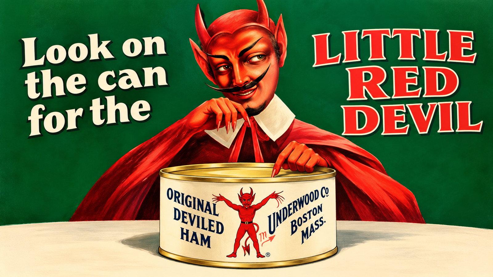 Vintage Underwood Deviled Ham advertisement featuring the Little Red Devil mascot pointing into a can of deviled ham, with bold retro lettering on a dark green background.