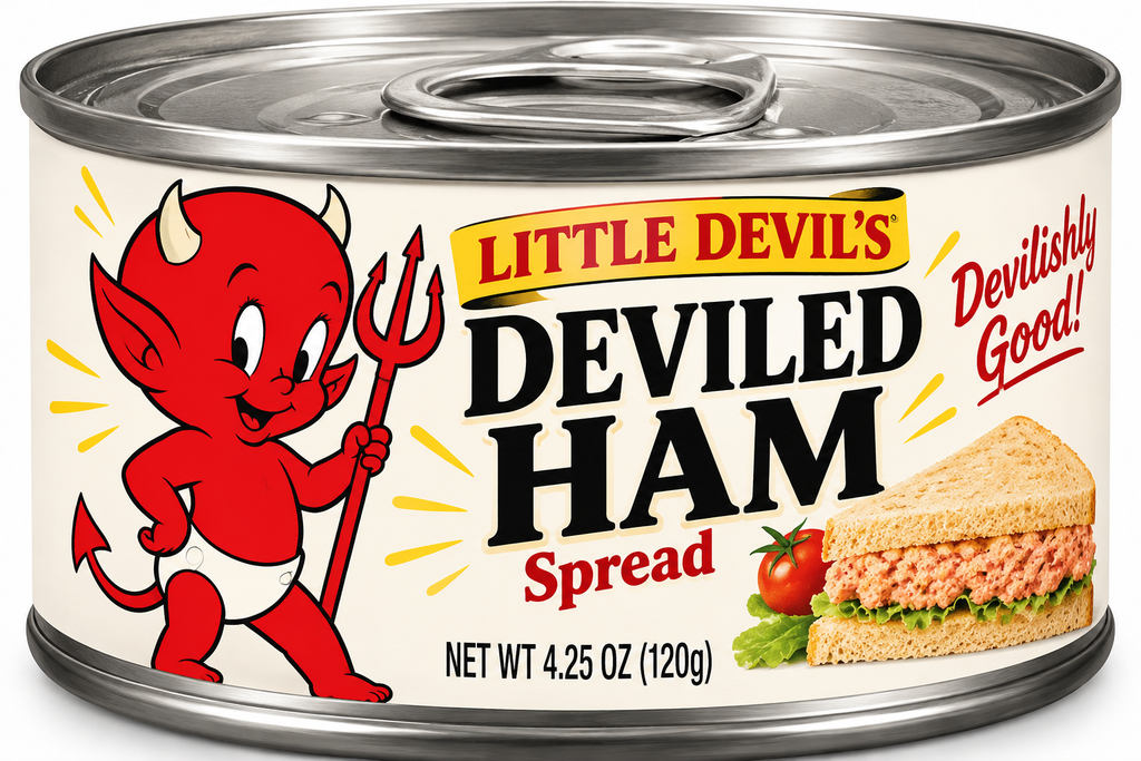 Parody can of Little Devil’s Deviled Ham featuring a playful red devil with horns and a trident, retro-inspired lettering, and a deviled ham sandwich on a cream-colored label.