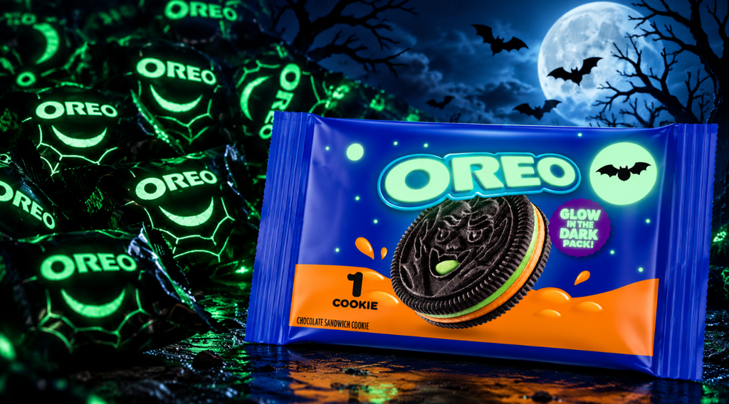 Oreo Spooky Colored Creme Halloween cookie package with orange and green filling, set against glowing green Oreo wrappers, a full moon, bats and a dark, spooky Halloween night.